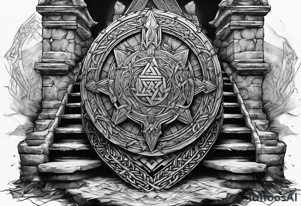 Valhalla sword shield axe stairs Valknut barbed wire chains valknut fire tattoo idea