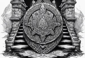 Valhalla sword shield axe stairs Valknut barbed wire chains valknut fire tattoo idea