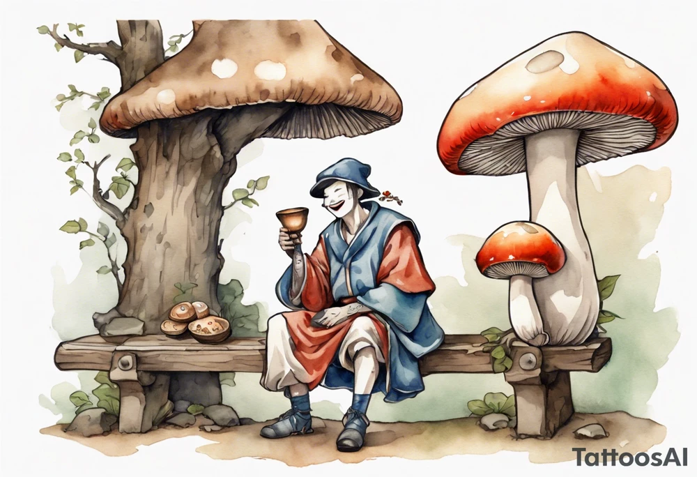 a mushroom wearing a medieval tunic sitting on a bench by a fireplace drinking from a wood cup, laughing tattoo idea