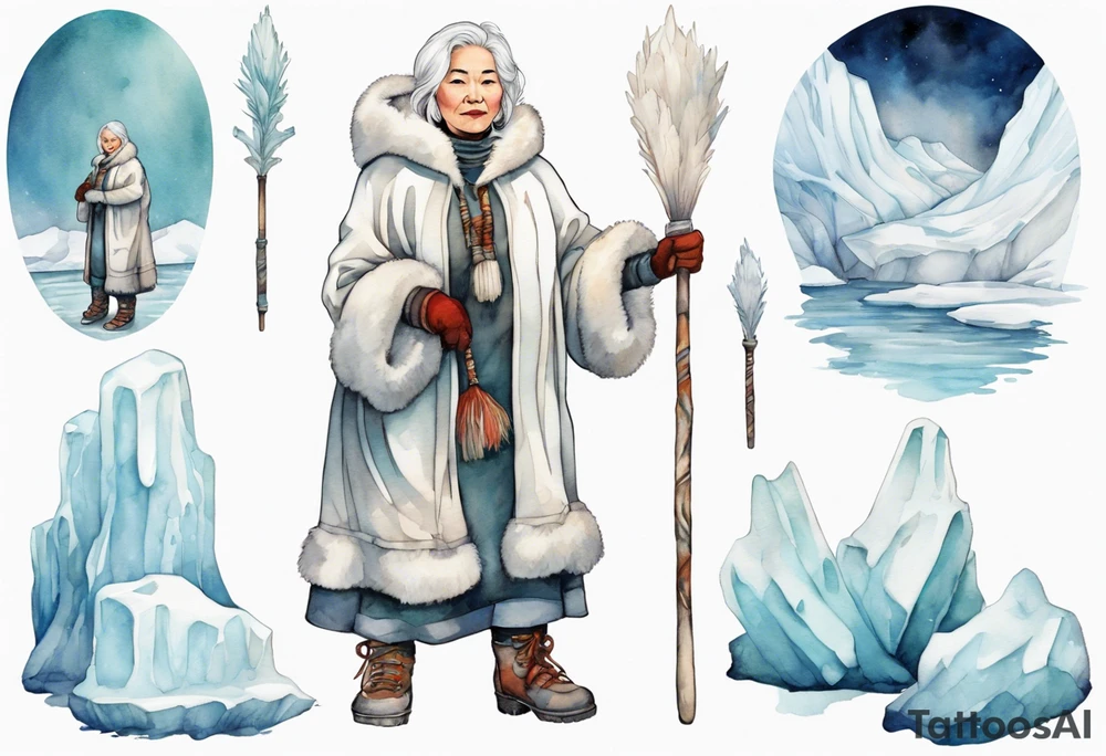 a middle aged Inuit woman with white hair, wearing mittens, mukluks, and a white cloak. Holding a white staff. Standing on an iceberg alone tattoo idea