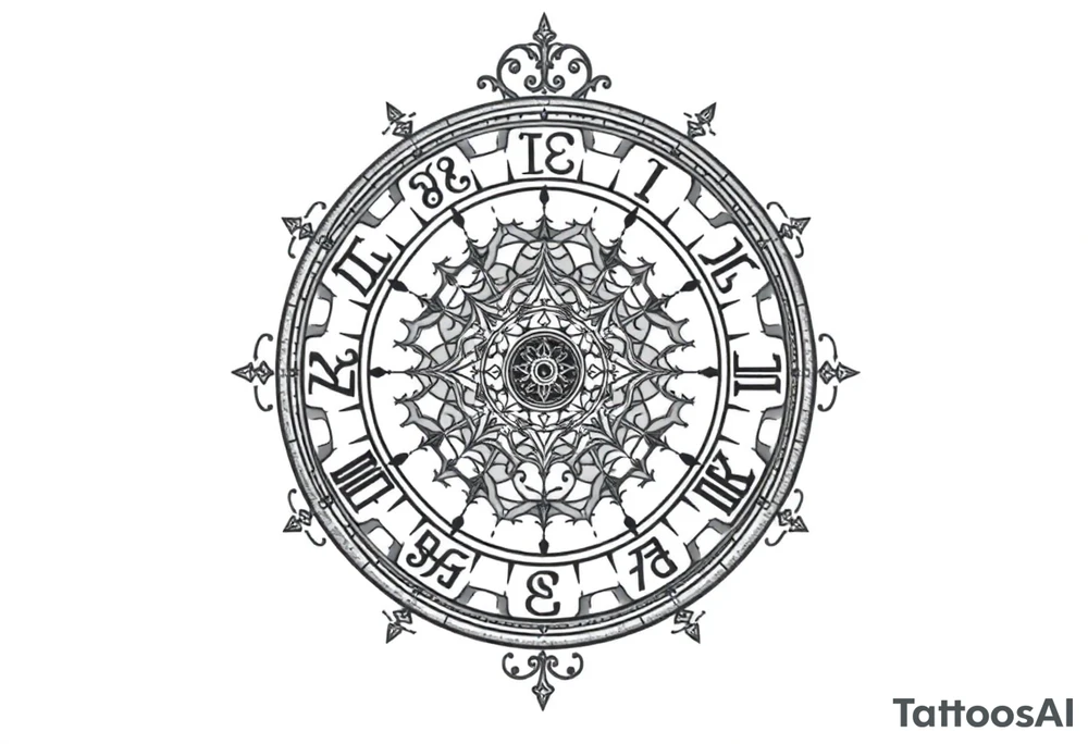 zodiac symbols and Norse runes within ornate clockwork mechanism tattoo idea
