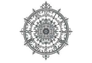 zodiac symbols and Norse runes within ornate clockwork mechanism tattoo idea