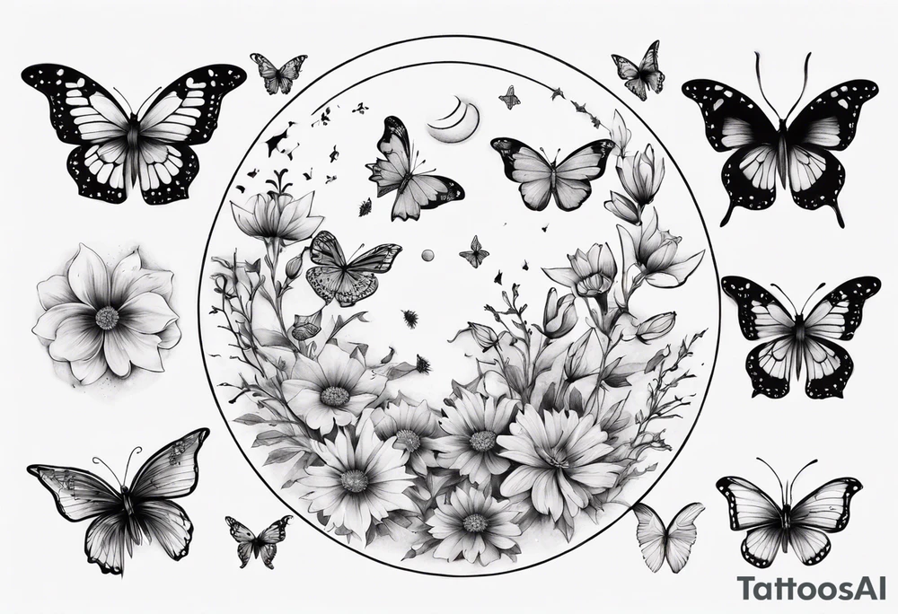 Butterflies and flowers in a moon tattoo idea