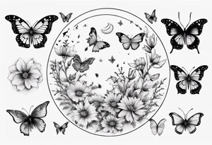 Butterflies and flowers in a moon tattoo idea