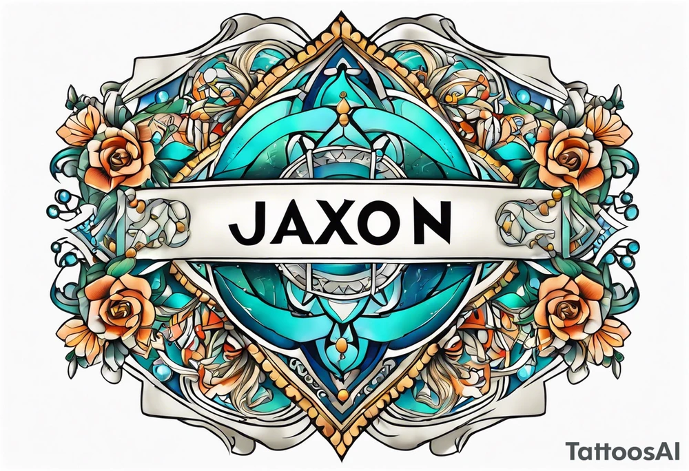 Names: Jaxon Madison Evelyn names in banners around a current Aquarius tattoo tattoo idea