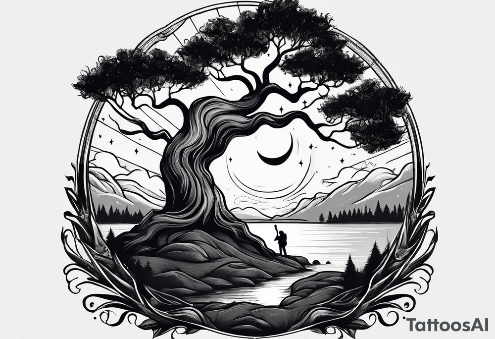 design moon tree campfire. playing the guitar tattoo idea