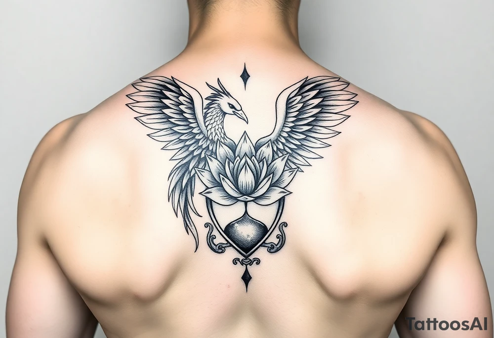 the phoenix and hour glass with lotus flower in kintsugi heart design tattoo idea