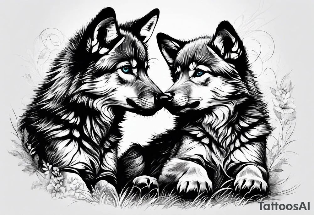 2 wolf cubs adoring and cute (one female, one male) tattoo idea
