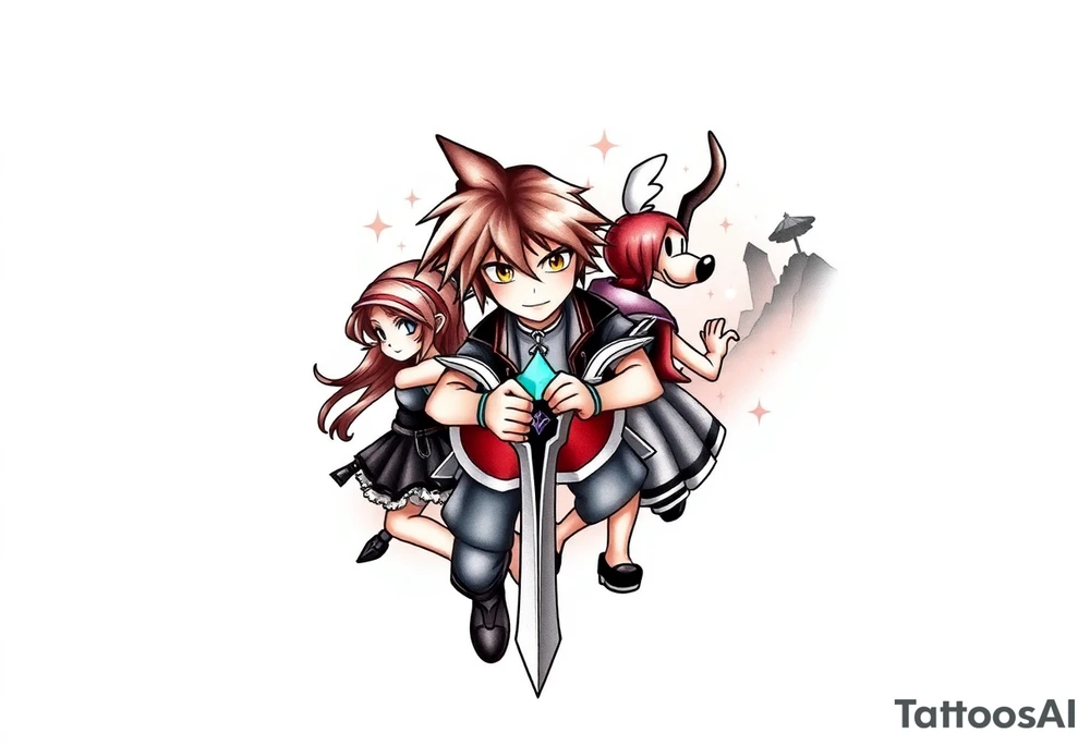 Kingdom Hearts tattoo design featuring sora, kairi, riku, donald and goofy from the game, together in a dynamic, united pose. The centerpiece should include the soras Keyblade, with a beautiful and ethereal dark Kingdom Hearts-inspired background—think glowing stars, floating islands, and stained-glass elements in backroung. The design should capture themes of friendship, light vs. darkness, and adventure. Style should be detailed, fantasy-oriented, and suitable for a large piece tattoo idea