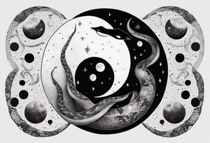 Yin and yang Snakes wrapping around the moon phases and hades and Persephone constellations tattoo idea