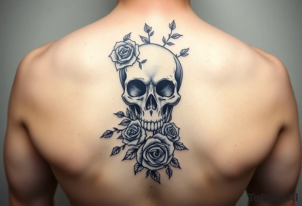 gothic skull intertwined with climbing roses and thorny vines tattoo idea