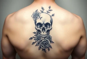 gothic skull intertwined with climbing roses and thorny vines tattoo idea