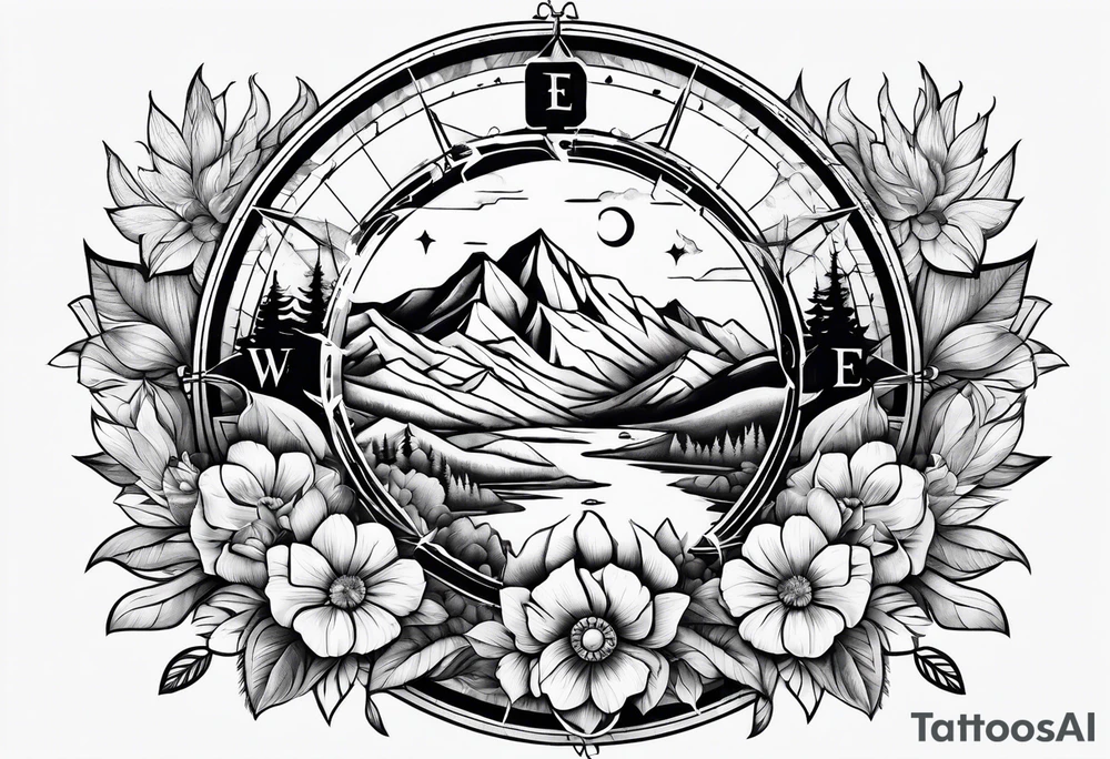 Compass mountains flowers tattoo idea