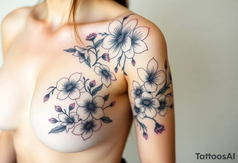 This is a Japanese themed tattoo of a string of flowers in bloom on a woman. It starts on her left side of the chest on the pectoral above the nipple and goes up. It starts with a Glaiolus and Daisy pushed together. The tattoo rises over the left shoulder and down the arm and ends at the elbow. The tattoo will feature a primroses, Calla Lilys, and Lillys. They can have multiple flowers but 1 of each will pop with shading and be colored in. tattoo idea