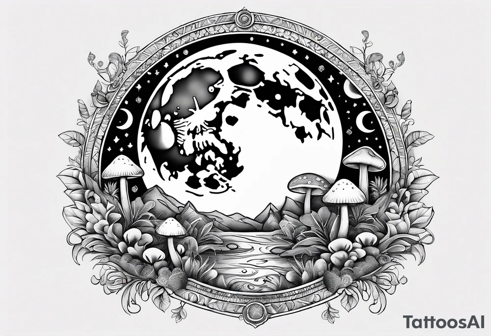 moon with crystals, mushrooms tattoo idea