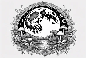 moon with crystals, mushrooms tattoo idea