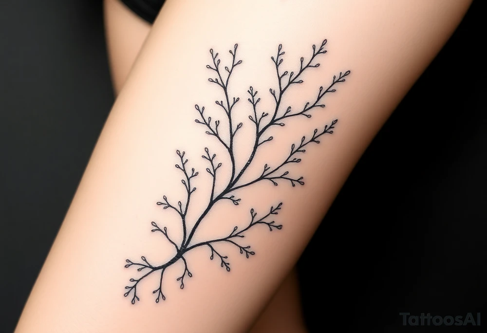 Detailed tattoo design of Asparagopsis taxiformis red algae gametophyte stage botanical illustration style, delicate branching fronds, flowing organic lines, black and grey, designed for calf placement, vertical composition” tattoo idea