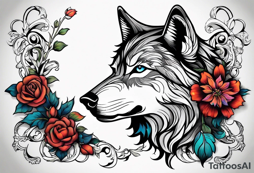 Wolf, flower, cross tattoo idea