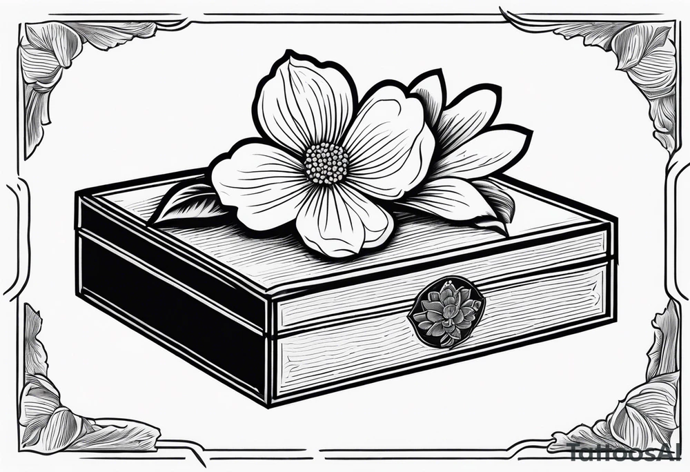 A simple vintage cigar box with a dogwood flower next to it as well as a lit cigar tattoo idea