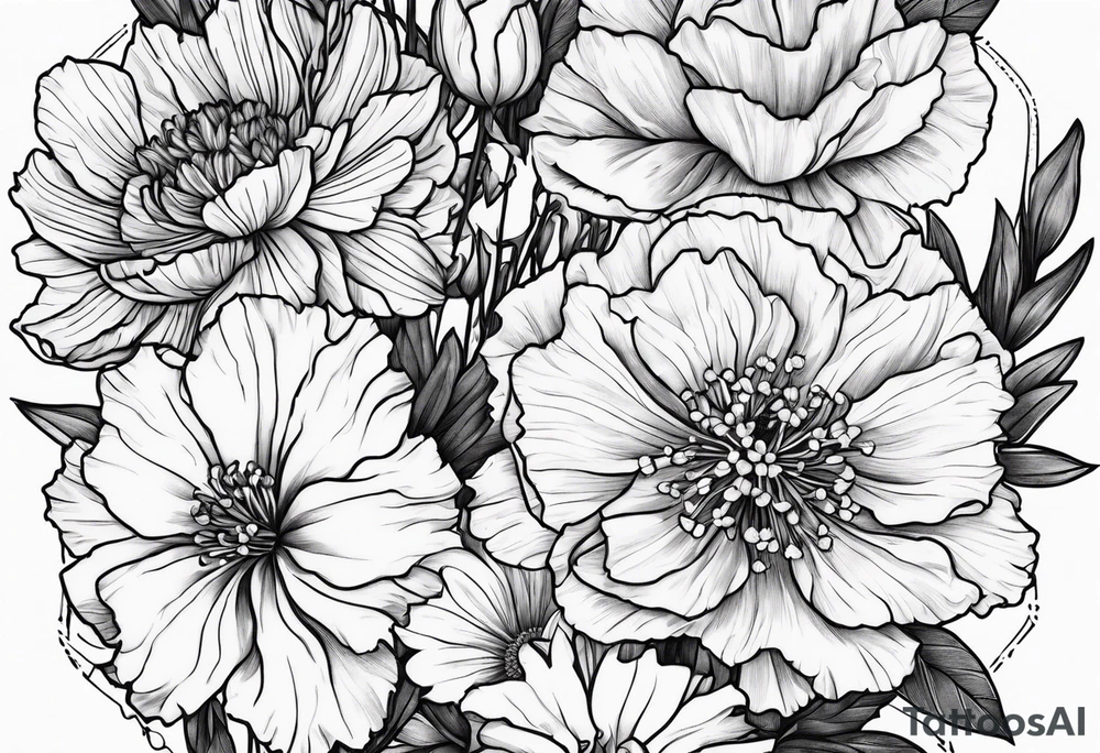 Carnations, aster, daffodil, poppy, hawthorn, larkspur tattoo idea