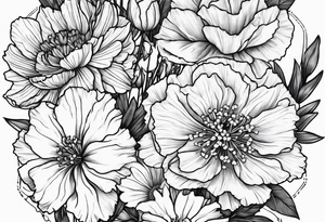 Carnations, aster, daffodil, poppy, hawthorn, larkspur tattoo idea