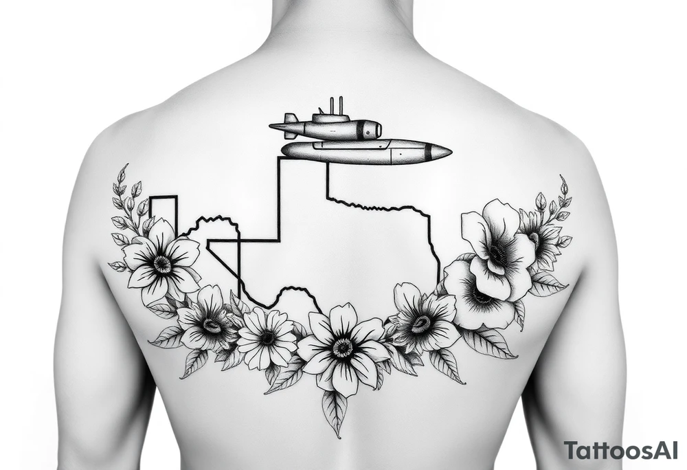 Texas, Connecticut, and Washington. You could also include a small submarine traveling between them.
•	Floral Elements: Incorporate state flowers—bluebonnet (Texas), mountain laurel (Connecticut), and coast rhododendron (Washington)—around the portrait.
Arm sleeve shoulder to elbow tattoo idea