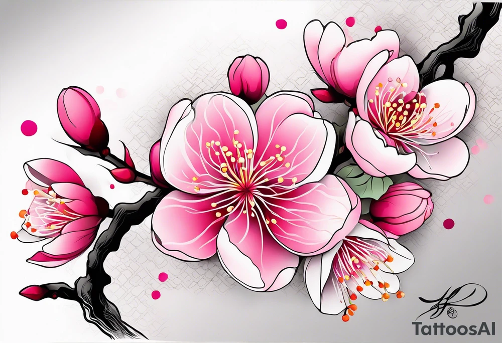 Vibrant, pink plum blossom flowers tattoo idea