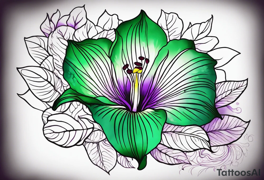 An outline of a rio dipladenia flower with a green and purple watercolor background tattoo idea