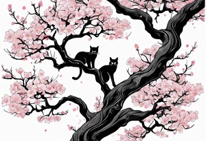 elongated cherry blossom branch meeting with a dying pine tree with hidden cute demon cat tattoo idea