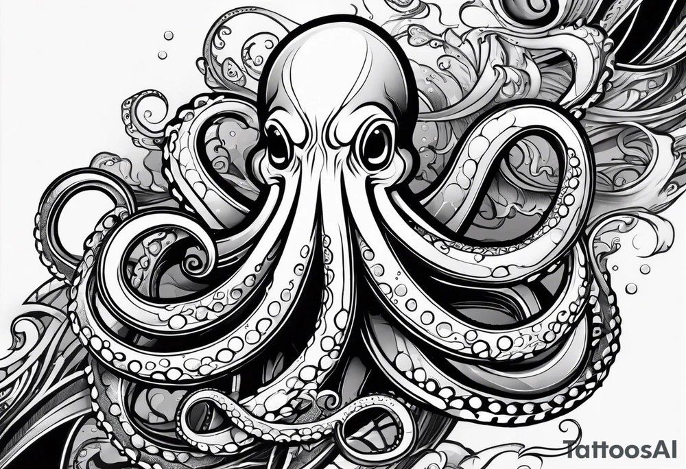 Tribal half sleeve. octopus surrounded by ribbons of water waves filled with fish. the octopus has no eyes. Use thick lines only with less detail. tattoo idea