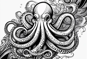 Tribal half sleeve. octopus surrounded by ribbons of water waves filled with fish. the octopus has no eyes. Use thick lines only with less detail. tattoo idea