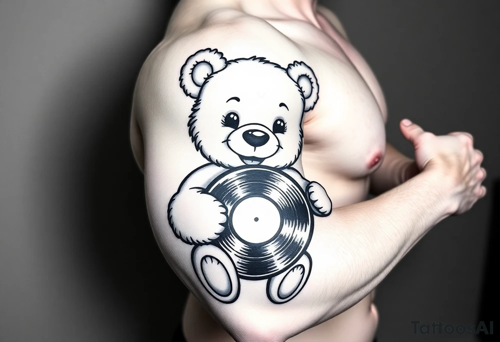 smiling cartoon teddy bear holding a vinyl record tattoo idea