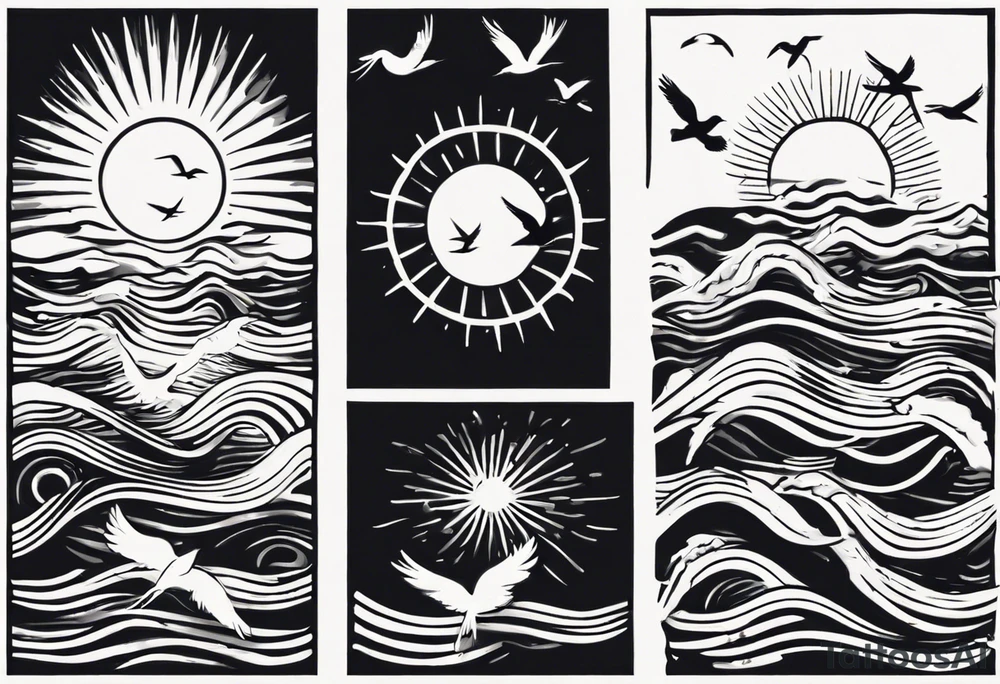 Sun over the sea with birds flying in a rectangle tattoo idea