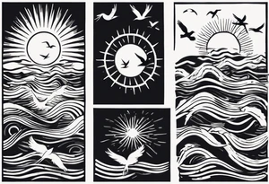 Sun over the sea with birds flying in a rectangle tattoo idea
