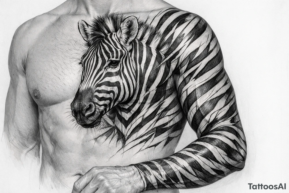 Close-up, detailed zebra head portrait on the chest, with hyperrealistic stripes wrapping onto the shoulder and bicep. tattoo idea