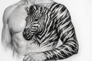 Close-up, detailed zebra head portrait on the chest, with hyperrealistic stripes wrapping onto the shoulder and bicep. tattoo idea