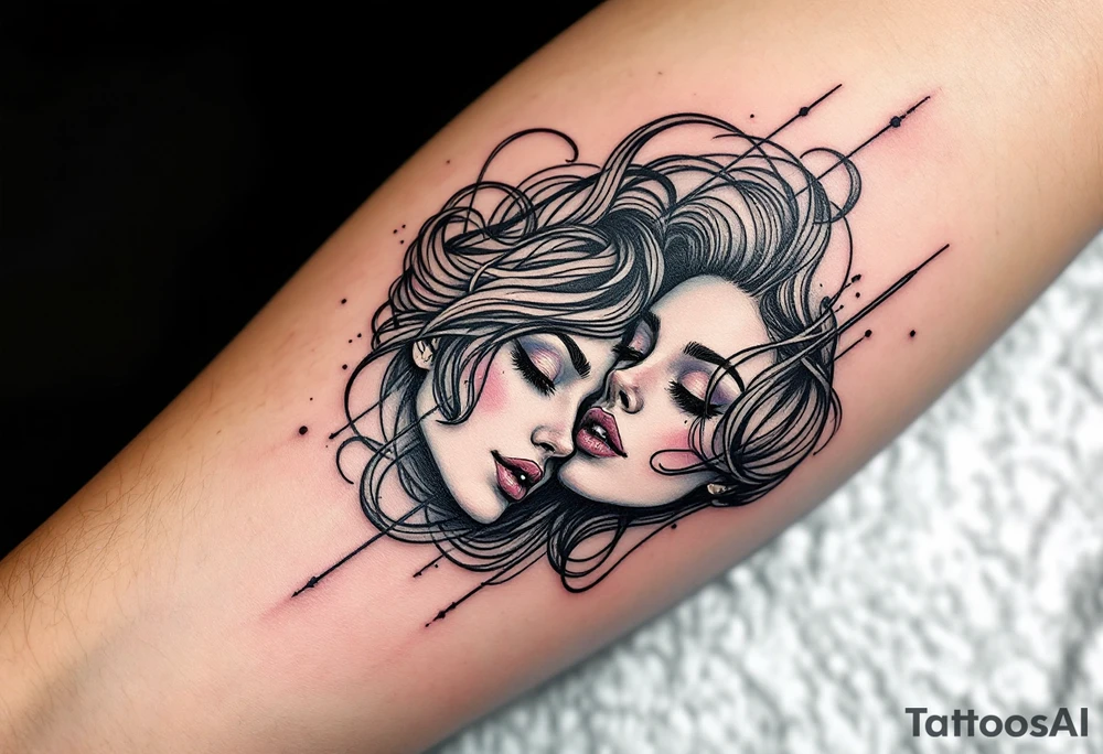 A continuous line drawing of twin faces, flowing together in a smooth and modern design with subtle pastel highlights with word "gemini" tattoo idea