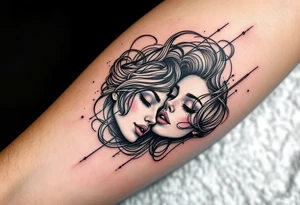 A continuous line drawing of twin faces, flowing together in a smooth and modern design with subtle pastel highlights with word "gemini" tattoo idea