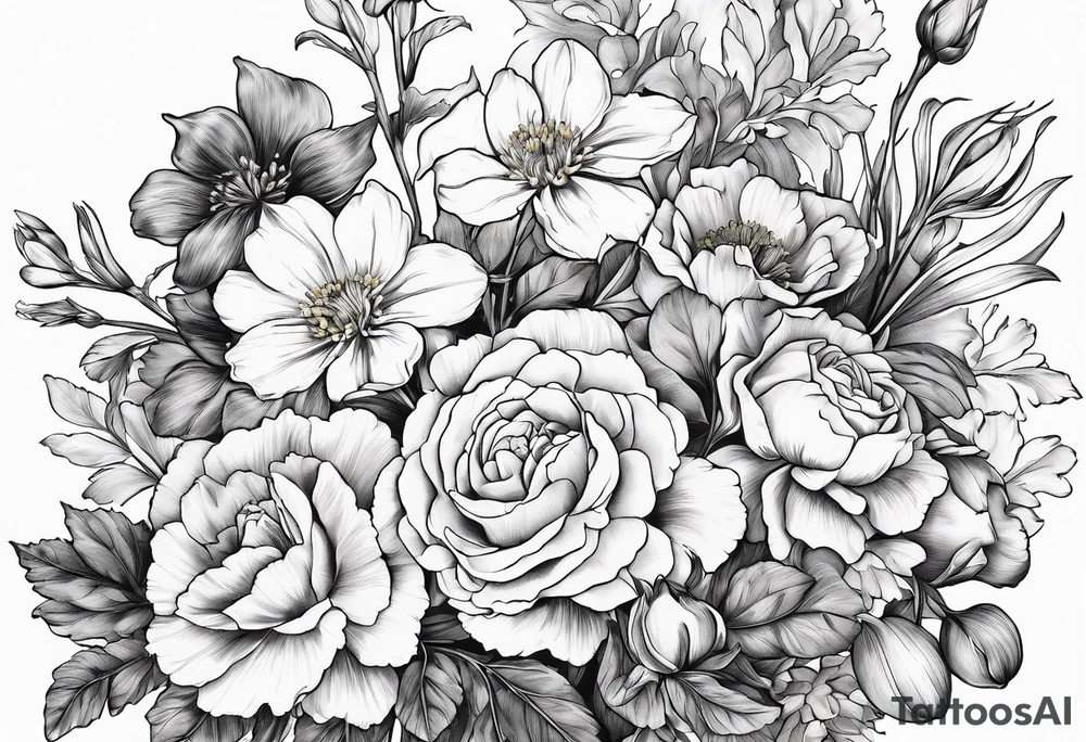 Bouquet of flowers with Two carnations, Two daffodils, One snowdrop, One hawthorn flower, Two honeysuckle blooms, One rose, One chrysanthemum, one cosmos, one marigold, one morning glory, one aster tattoo idea