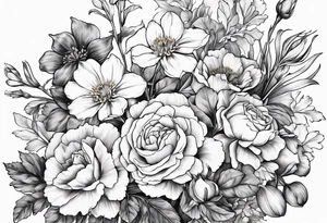Bouquet of flowers with Two carnations, Two daffodils, One snowdrop, One hawthorn flower, Two honeysuckle blooms, One rose, One chrysanthemum, one cosmos, one marigold, one morning glory, one aster tattoo idea