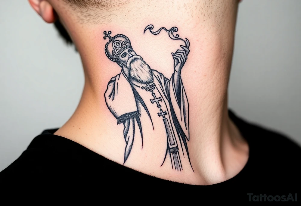 A Russian Orthodox Priest in full gold vestments swinging a censer with smoke curling upward tattoo idea