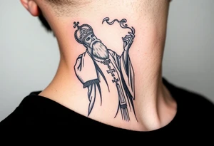A Russian Orthodox Priest in full gold vestments swinging a censer with smoke curling upward tattoo idea
