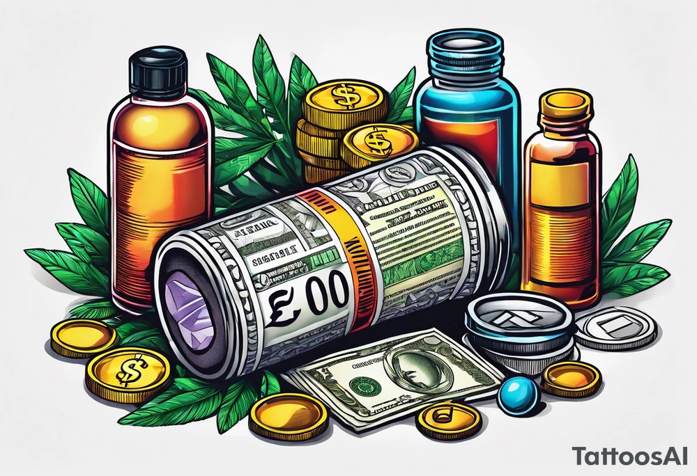 pills, drugs, euro bank notes and currency, bank cheques, police, walkietalkies tattoo idea