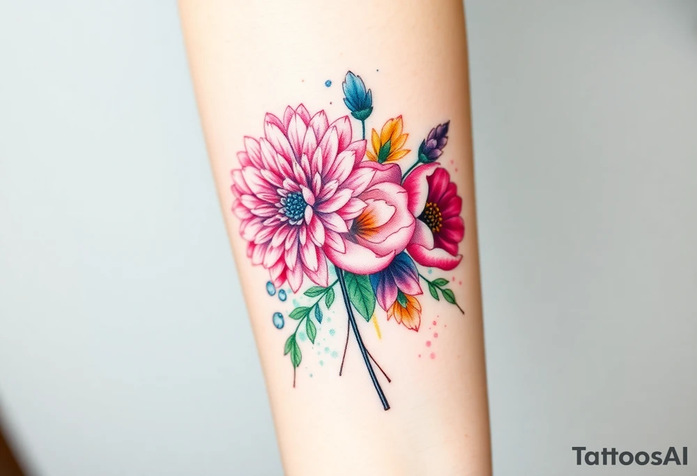 Chrysanthemum, peony, and larkspur bundle with colour splashes. tattoo idea