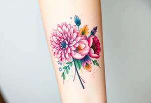 Chrysanthemum, peony, and larkspur bundle with colour splashes. tattoo idea
