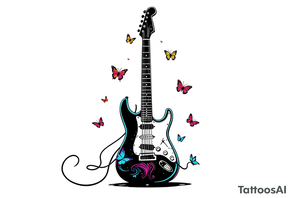 An electric guitar plugged into an amp with 5 butterflies flying around it tattoo idea