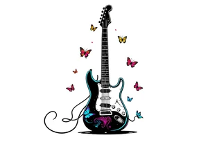 An electric guitar plugged into an amp with 5 butterflies flying around it tattoo idea