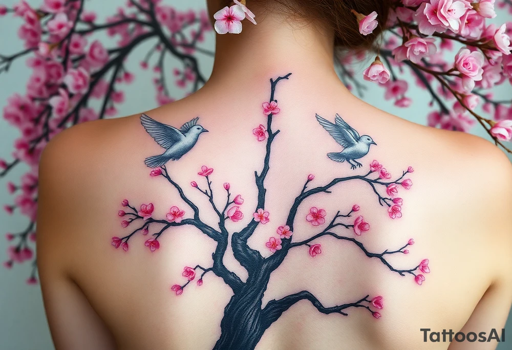 A big pink, weeping tree on the entire back, there are 2 doves. 1 is a flying into the sky. The second one is hovering above the ground that’s turning black like she stained with grief. Goth romance 
These are the dates I want dainty in the heavily overflow of weeping cherry blossom branches and leaves March 31, 2024 – July 2, 2024 tattoo idea