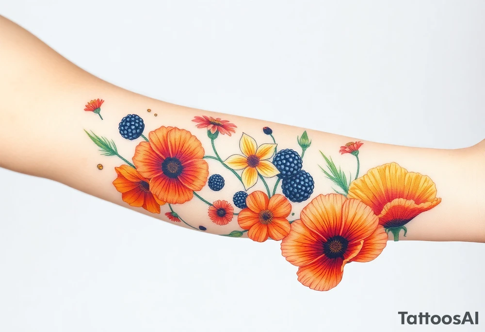 California wildflowers, poppies, and orange and orange blossoms. Blackberries plant/flower. tattoo idea