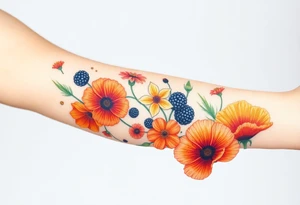 California wildflowers, poppies, and orange and orange blossoms. Blackberries plant/flower. tattoo idea